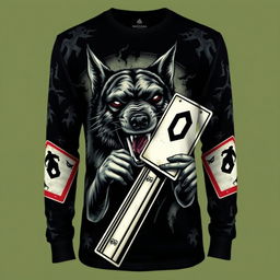 A long-sleeve shirt featuring a fierce and menacing dog aggressively chewing on street intersection signs, with a chilling and eerie pattern