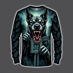 A long-sleeve shirt featuring a fierce and menacing dog aggressively chewing on street intersection signs, with a chilling and eerie pattern