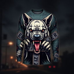 A long-sleeve shirt featuring a fierce and menacing dog aggressively chewing on street intersection signs, with a chilling and eerie pattern