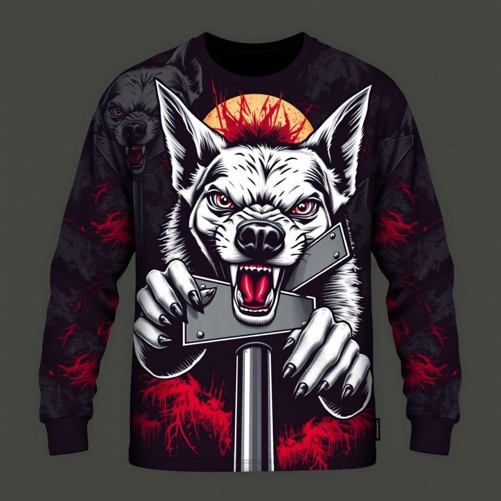 A long-sleeve shirt featuring a fierce and menacing dog aggressively chewing on street intersection signs, with a chilling and eerie pattern