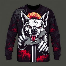 A long-sleeve shirt featuring a fierce and menacing dog aggressively chewing on street intersection signs, with a chilling and eerie pattern