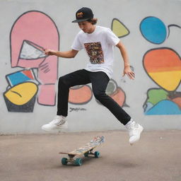 A stylish skater, busting an impressive trick on his skateboard that's decorated with an array of colorful stickers