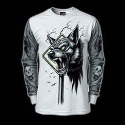 A long-sleeve shirt featuring an aggressive and fierce dog biting onto a street intersection sign, complemented by a chilling and menacing pattern