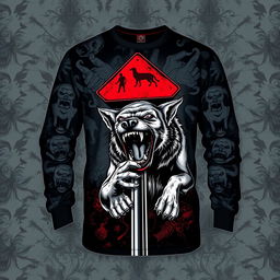 A long-sleeve shirt featuring an aggressive and fierce dog biting onto a street intersection sign, complemented by a chilling and menacing pattern