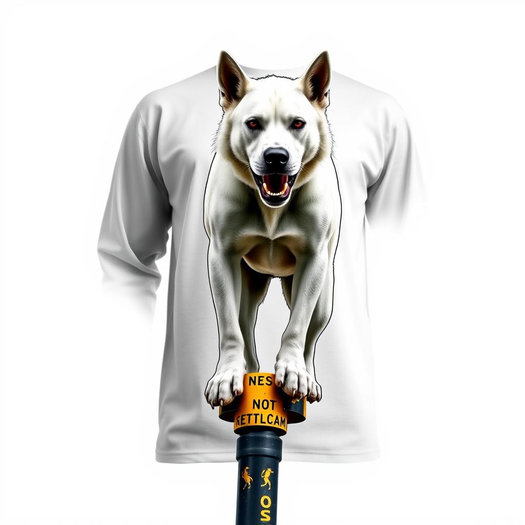 A long-sleeve shirt showcasing a fierce white dog standing dominantly on a yellow and black street intersection sign