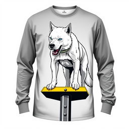 A long-sleeve shirt showcasing a fierce white dog standing dominantly on a yellow and black street intersection sign