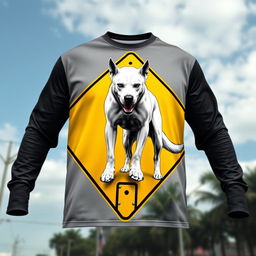 A long-sleeve shirt showcasing a fierce white dog standing dominantly on a yellow and black street intersection sign