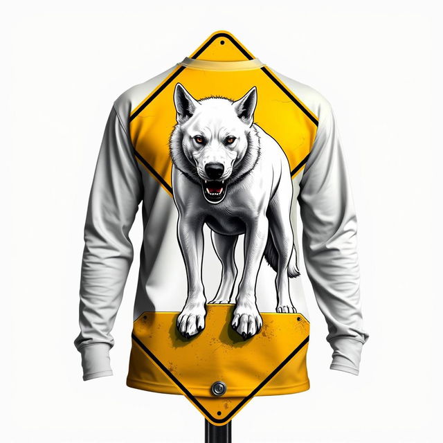 A long-sleeve shirt showcasing a fierce white dog standing dominantly on a yellow and black street intersection sign