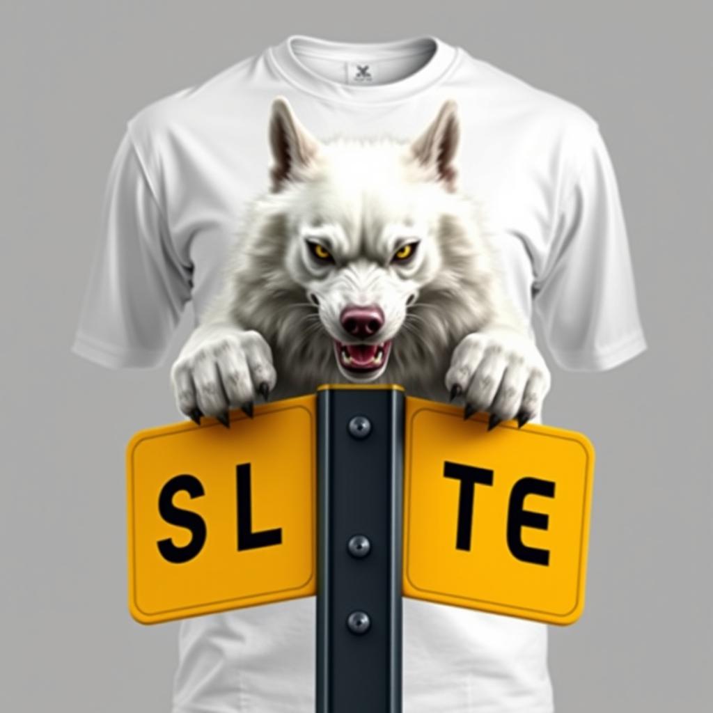 A long-sleeve shirt featuring a fierce white Kintamani dog fiercely guarding a yellow and black street intersection sign