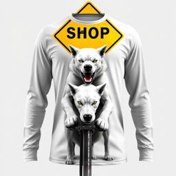 A long-sleeve shirt featuring a fierce white Kintamani dog fiercely guarding a yellow and black street intersection sign