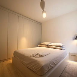 A well decorated room featuring a large 6x6 bed, with a stylish wardrobe nearby, under soft, ambient lighting.