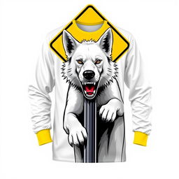 A long-sleeve shirt featuring a fierce white Kintamani dog fiercely guarding a yellow and black street intersection sign