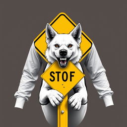 A long-sleeve shirt featuring a fierce white Kintamani dog fiercely guarding a yellow and black street intersection sign