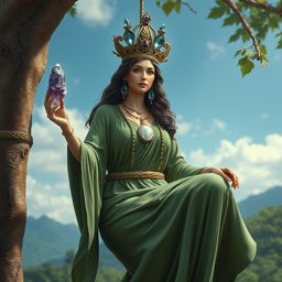 A realistic portrayal of the Goddess of Spiritual Insight, suspended from a rope tied to a tree, embodying the essence of mystical wisdom and poise