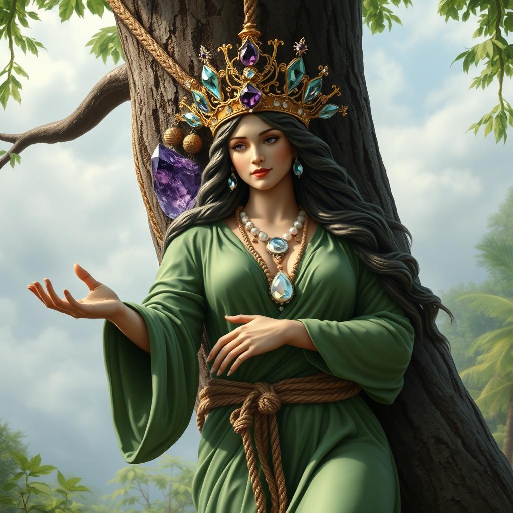 A realistic depiction of the Goddess of Spiritual Insight, gracefully hanging from a rope tied around her waist, attached to a tree