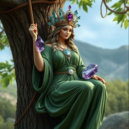 A realistic depiction of the Goddess of Spiritual Insight, gracefully hanging from a rope tied around her waist, attached to a tree