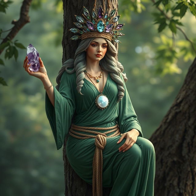 A realistic depiction of the Goddess of Spiritual Insight, gracefully hanging from a rope tied around her waist, attached to a tree