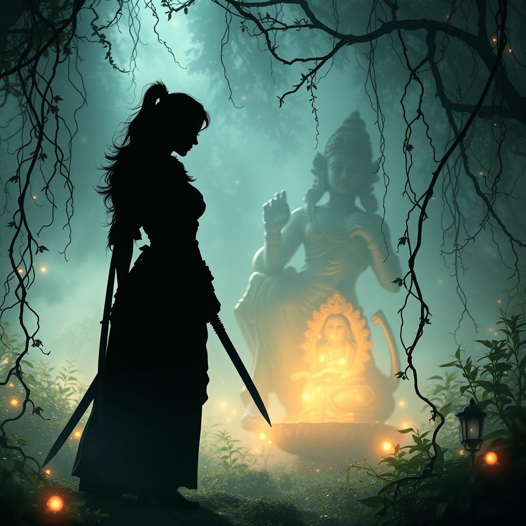 A silhouette of a female warrior poised in an ethereal garden