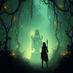 A silhouette of a female warrior poised in an ethereal garden