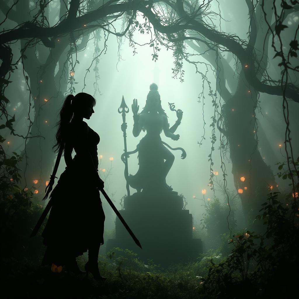 A silhouette of a female warrior poised in an ethereal garden