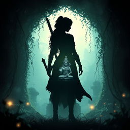 A silhouette of a female warrior poised in an ethereal garden