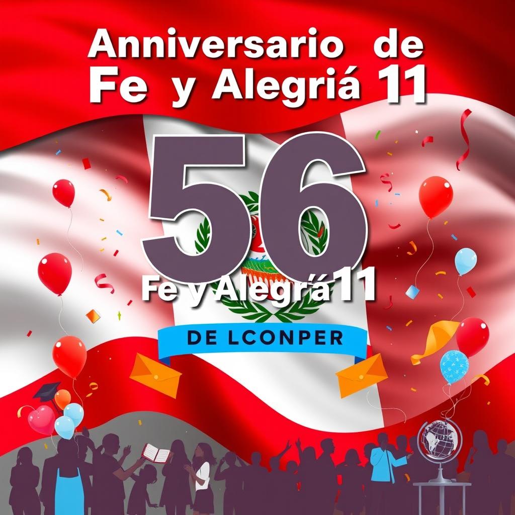 A vibrant poster celebrating the 56th anniversary of "Fe y Alegría 11" with a prominent background featuring the flag of Peru