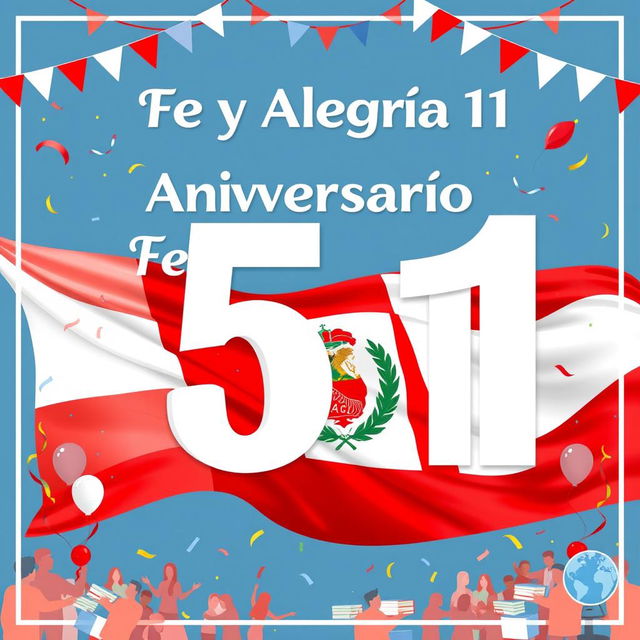 A vibrant poster celebrating the 56th anniversary of "Fe y Alegría 11" with a prominent background featuring the flag of Peru