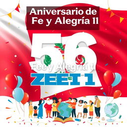 A vibrant poster celebrating the 56th anniversary of "Fe y Alegría 11" with a prominent background featuring the flag of Peru