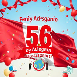 A vibrant poster celebrating the 56th anniversary of "Fe y Alegría 11" with a prominent background featuring the flag of Peru