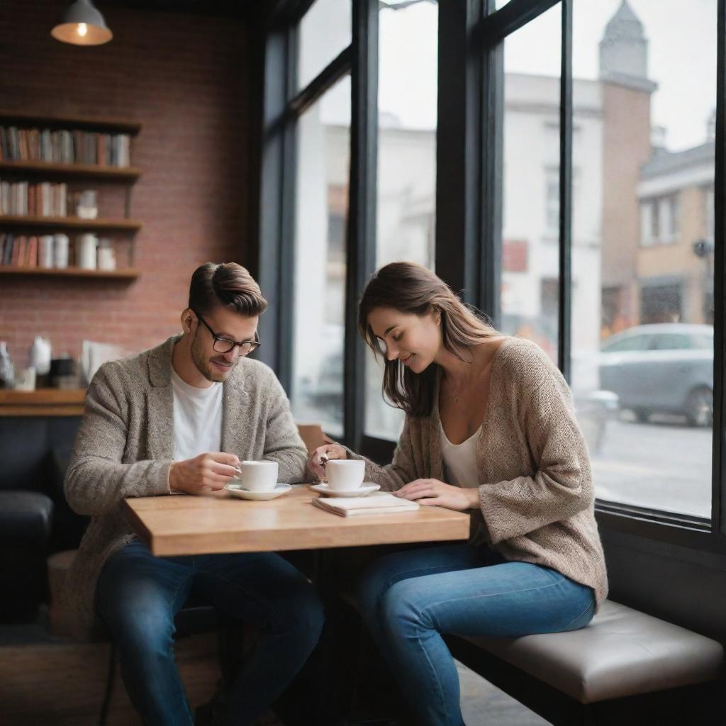 A modern romantic scene with a couple sitting in a trendy coffee shop, engrossed in their books, sharing intimate glances over steaming cups of specialty coffee.