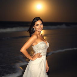 Beautiful woman with a confident smile wearing an elegant evening gown on a moonlit beach, waves gently lapping at the shore