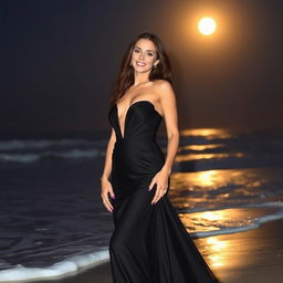 Beautiful woman with a confident smile wearing an elegant evening gown on a moonlit beach, waves gently lapping at the shore