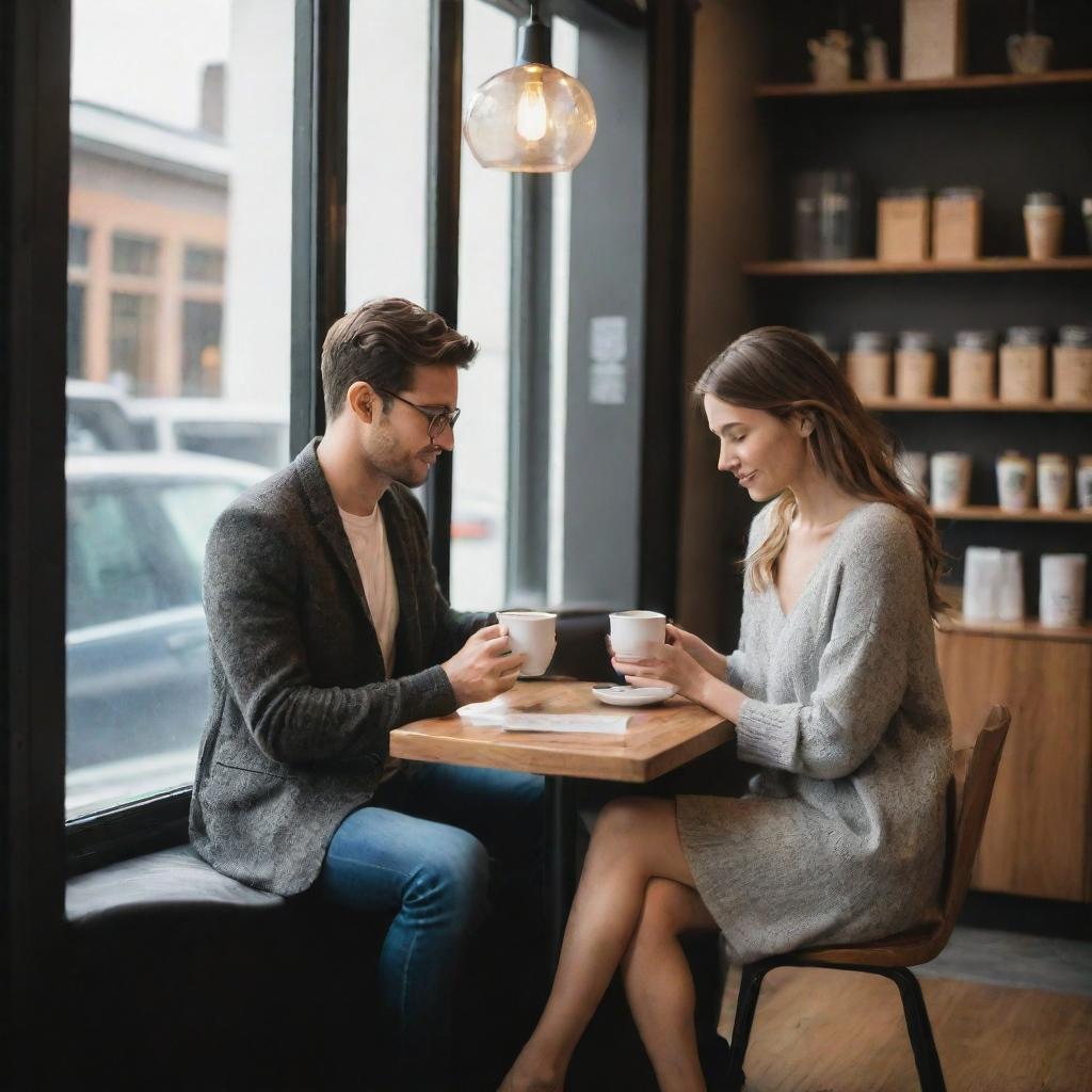 A modern romantic scene with a couple sitting in a trendy coffee shop, engrossed in their books, sharing intimate glances over steaming cups of specialty coffee.