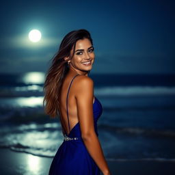 Beautiful woman with a confident smile wearing an elegant evening gown on a moonlit beach, waves gently lapping at the shore