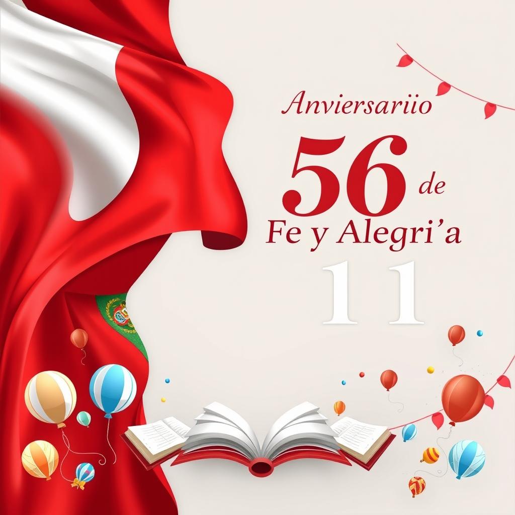 Un póster encantador celebrando el 56º aniversario de "Fe y Alegría 11" con la bandera del Perú ondeando majestuosamente en el fondo