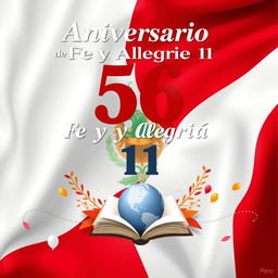 Un póster encantador celebrando el 56º aniversario de "Fe y Alegría 11" con la bandera del Perú ondeando majestuosamente en el fondo