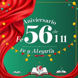 Un póster encantador celebrando el 56º aniversario de "Fe y Alegría 11" con la bandera del Perú ondeando majestuosamente en el fondo