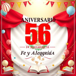 Un póster encantador celebrando el 56º aniversario de "Fe y Alegría 11" con la bandera del Perú ondeando majestuosamente en el fondo