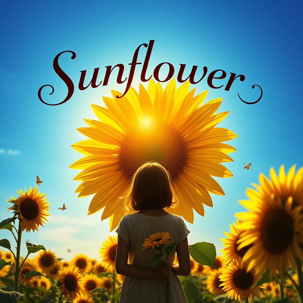 A captivating movie poster featuring a large, vibrant sunflower at its center, surrounded by a field of sunflowers under a clear blue sky