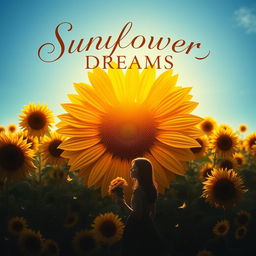 A captivating movie poster featuring a large, vibrant sunflower at its center, surrounded by a field of sunflowers under a clear blue sky