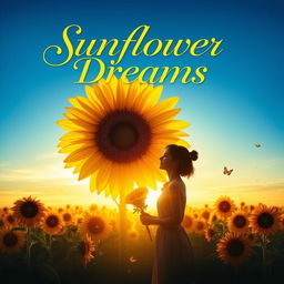 A captivating movie poster featuring a large, vibrant sunflower at its center, surrounded by a field of sunflowers under a clear blue sky