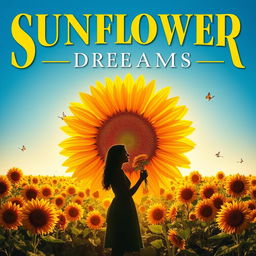 A captivating movie poster featuring a large, vibrant sunflower at its center, surrounded by a field of sunflowers under a clear blue sky