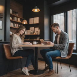 A modern romantic scene with a couple sitting in a trendy coffee shop, engrossed in their books, sharing intimate glances over steaming cups of specialty coffee.