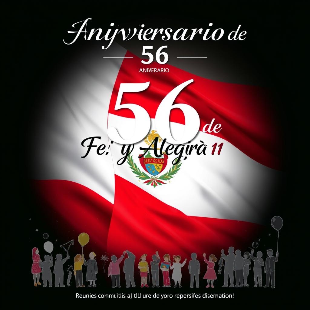 Un póster encantador celebrando el 56º aniversario de "Fe y Alegría 11", con un fondo majestuoso de la bandera del Perú