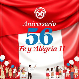 Un póster encantador celebrando el 56º aniversario de "Fe y Alegría 11", con un fondo majestuoso de la bandera del Perú