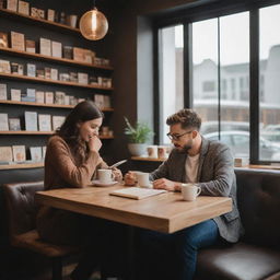 A modern romantic scene with a couple sitting in a trendy coffee shop, engrossed in their books, sharing intimate glances over steaming cups of specialty coffee.