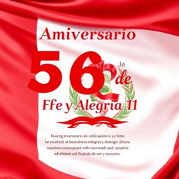 Un póster encantador celebrando el 56º aniversario de "Fe y Alegría 11", con un fondo majestuoso de la bandera del Perú