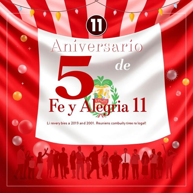 Un póster encantador celebrando el 56º aniversario de "Fe y Alegría 11", con un fondo majestuoso de la bandera del Perú