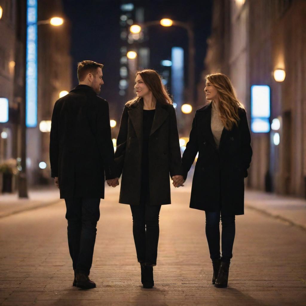 A modern day romantic scene featuring a couple in a stylish urban setting, illuminated by city lights. They're holding hands and sharing an intimate moment.