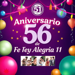 Un póster espectacular en español para el 56º aniversario de "Fe y Alegría 11", con el logo oficial de Fe y Alegría 11 destacado